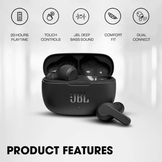 JBL Wave 200 Wireless Earbuds in sleek black design JBL Wave 200 Wireless Earbuds in sleek black design