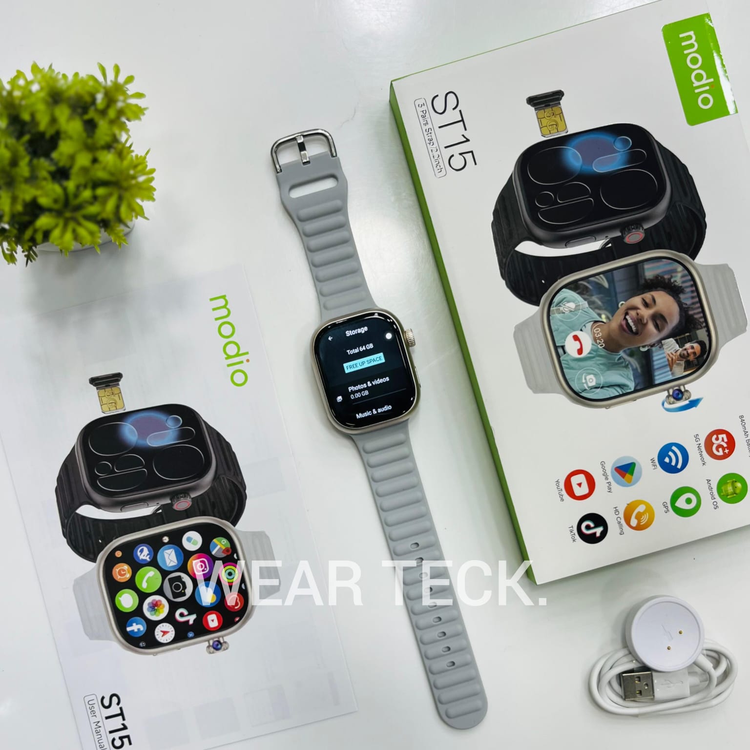 ST15-Silver - Modio ST15 5G Android Sim Watch | 4/64 GB | 360 Rotating Camera | Amoled Display