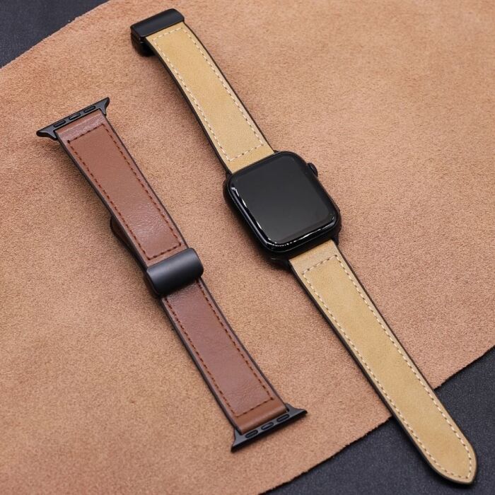 1 - Premium Leather Magnetic D-Buckle Straps for Apple Watch 42/44/45/49 mm Dial