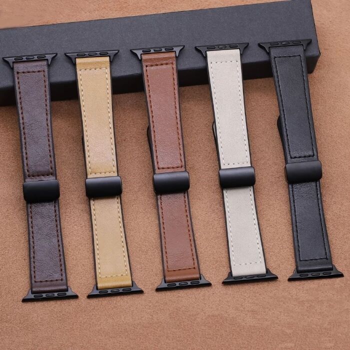 2 - Premium Leather Magnetic D-Buckle Straps for Apple Watch 42/44/45/49 mm Dial