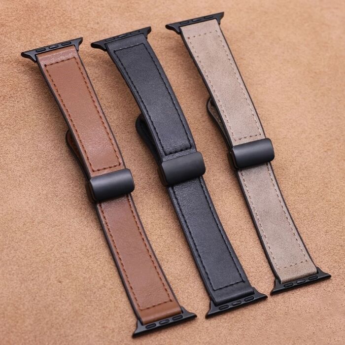 3 - Premium Leather Magnetic D-Buckle Straps for Apple Watch 42/44/45/49 mm Dial