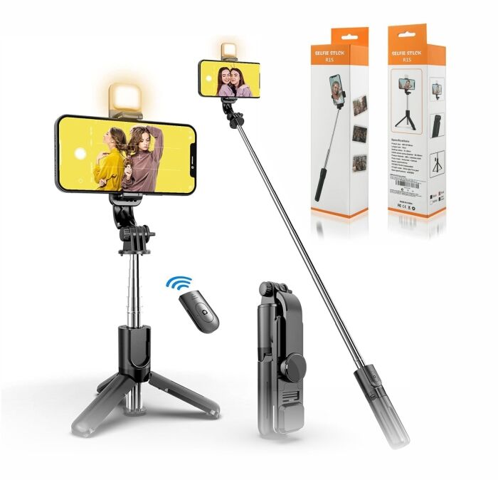 1 - R1S Selfie Stick Tripod with Light | Best Bluetooth Wireless Selfie Stick Built in Tripod Stand | Fixed & Foldable