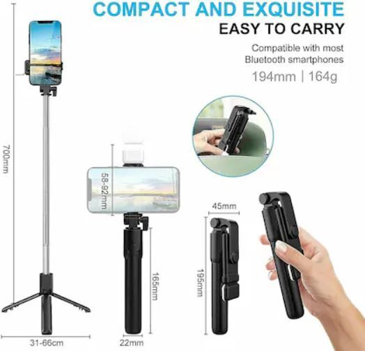 4 - R1S Selfie Stick Tripod with Light | Best Bluetooth Wireless Selfie Stick Built in Tripod Stand | Fixed & Foldable