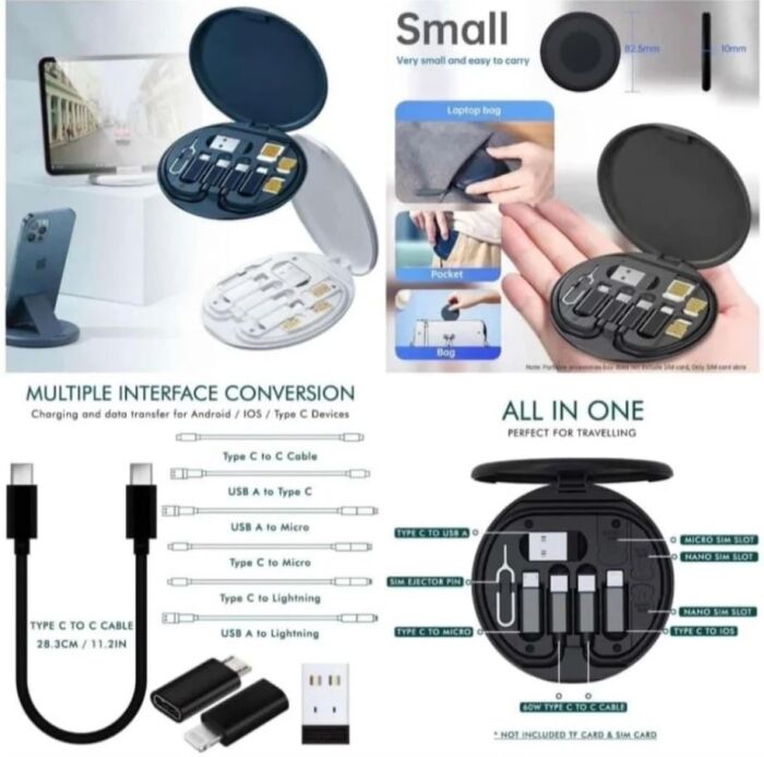 6 - PD 60W 5 in1 USB C Cable To USB Type C for MacBook iPhone Fast Charging Data Wire Micro Lightning Cable Set With Box Holder