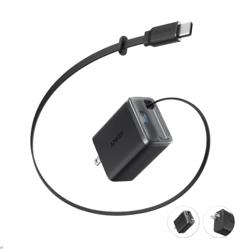 - Anker Nano Charger 35w, Built-In Retractable Usb-C Cable, 35W Fast Charging, Dual Usb-C Ports, InstaCord Retractable Cable, ActiveShield 3.0 Protection, GaN Technology, Foldable Plug, 2-Pin (US) - Black