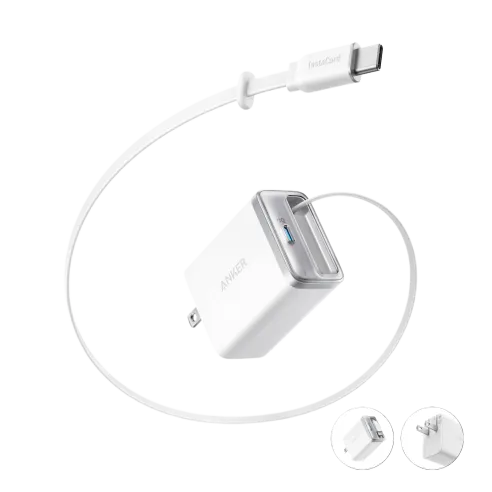 - Anker Nano Charger 35w, Built-In Retractable Usb-C Cable, 35W Fast Charging, Dual Usb-C Ports, InstaCord Retractable Cable, ActiveShield 3.0 Protection, GaN Technology, Foldable Plug, 2-Pin (US) - White